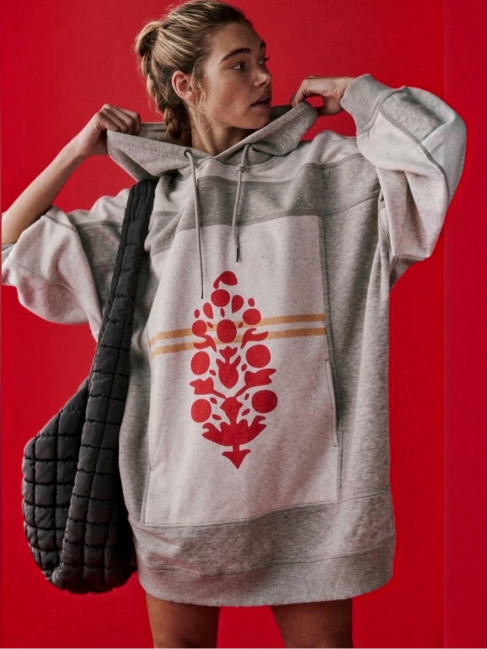 FP Movement Triple Threat Hoodie Heather Grey Victory Red Oversized XS NWOT